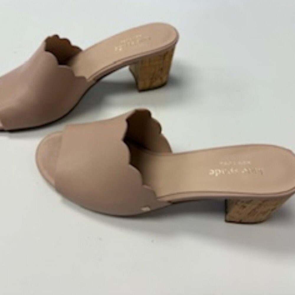 Kate Spade Blush Scalloped Leather Mule Slide Peep Toe Cork Block Heel
